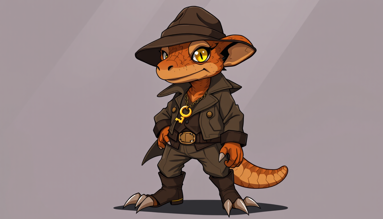 Characters idea: an original character defined by silhouette, role, outfit, palette, and expression, deliberate composition, Kobold inquisitor for a banking cult. Youn