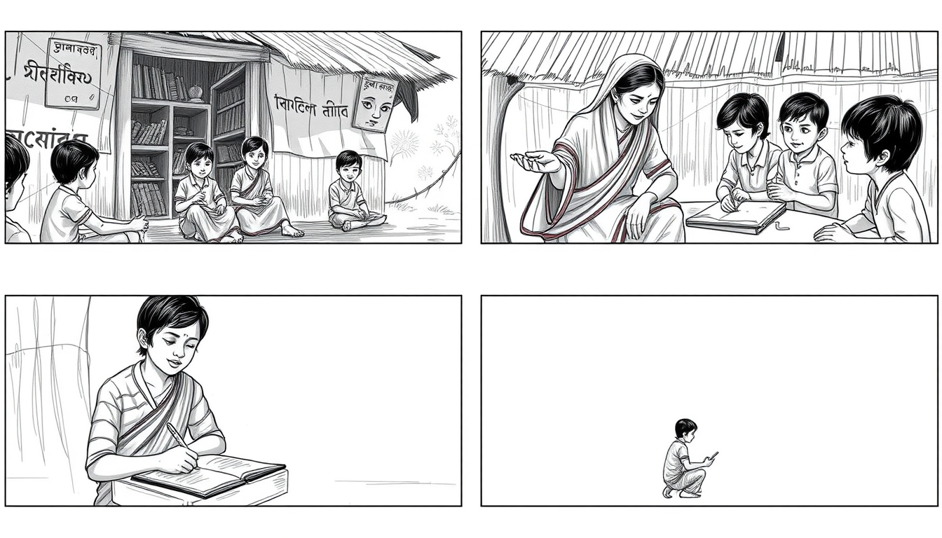 Storyboard idea: storyboard panels, cinematic shot sequence, clear camera angles, grayscale sketch layout, readable scene flow, Harinath teaching village children usin
