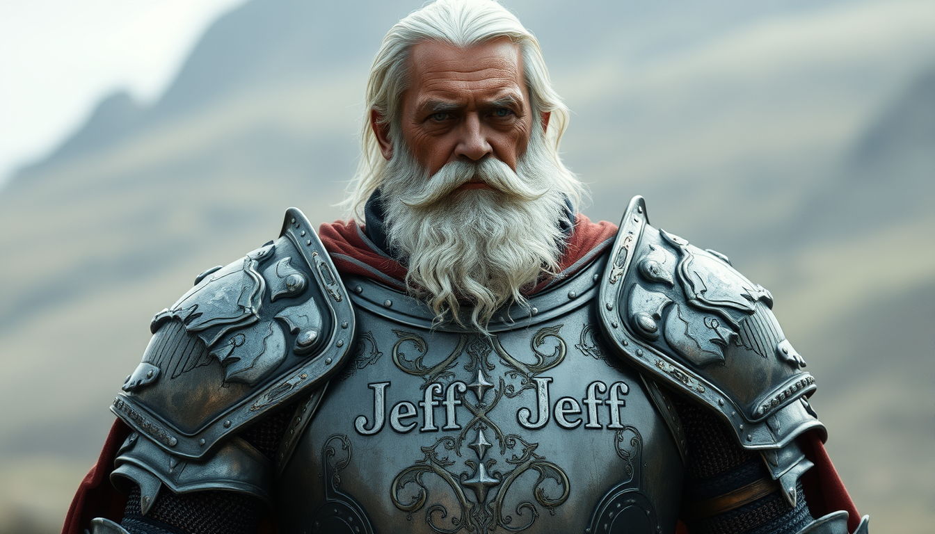Main art studio: An older knight with white hair amd beard name Jeff on armor full length short hair short the name Jeff written on armor chest