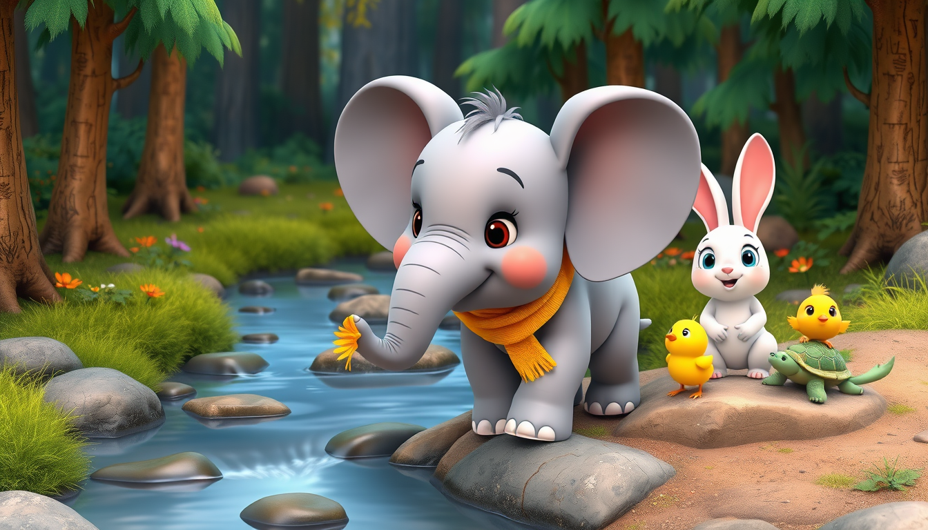 Main art studio: Cute baby elephant with gray skin and yellow scarf arriving beside a stream, huge floppy ears, happy determined expression. White bunny waits on a roc