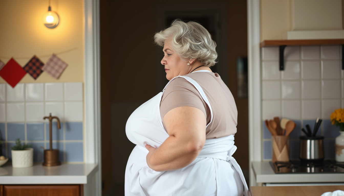 Main art studio: A very busty and very curvy plus size dominating granny completely clothed with a white full apron bad looking to the camera from the side