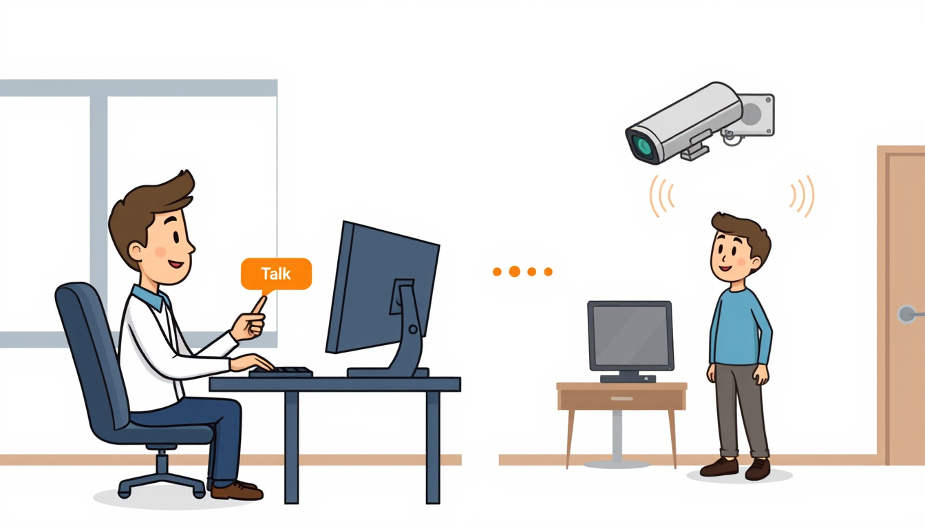 Main art studio: Create a simple 2D cartoon-style NVR Talk workflow. Left: one person sitting at one PC only, clicking the highlighted “Talk” button. No extra PC or mo