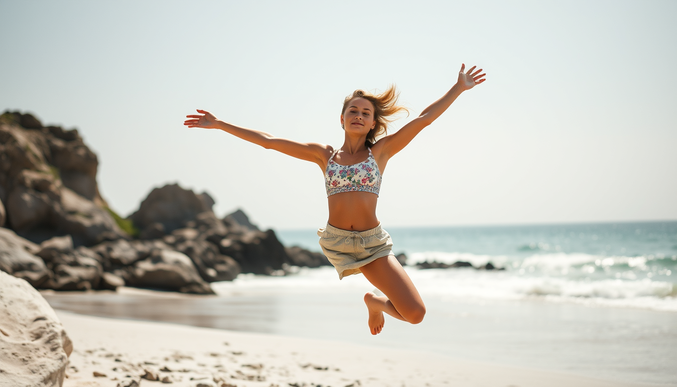 Human idea: fictional synthetic human portrait, natural anatomy and expression, coherent clothing and setting, Make a stunning femenine girl do jumping jacks and 