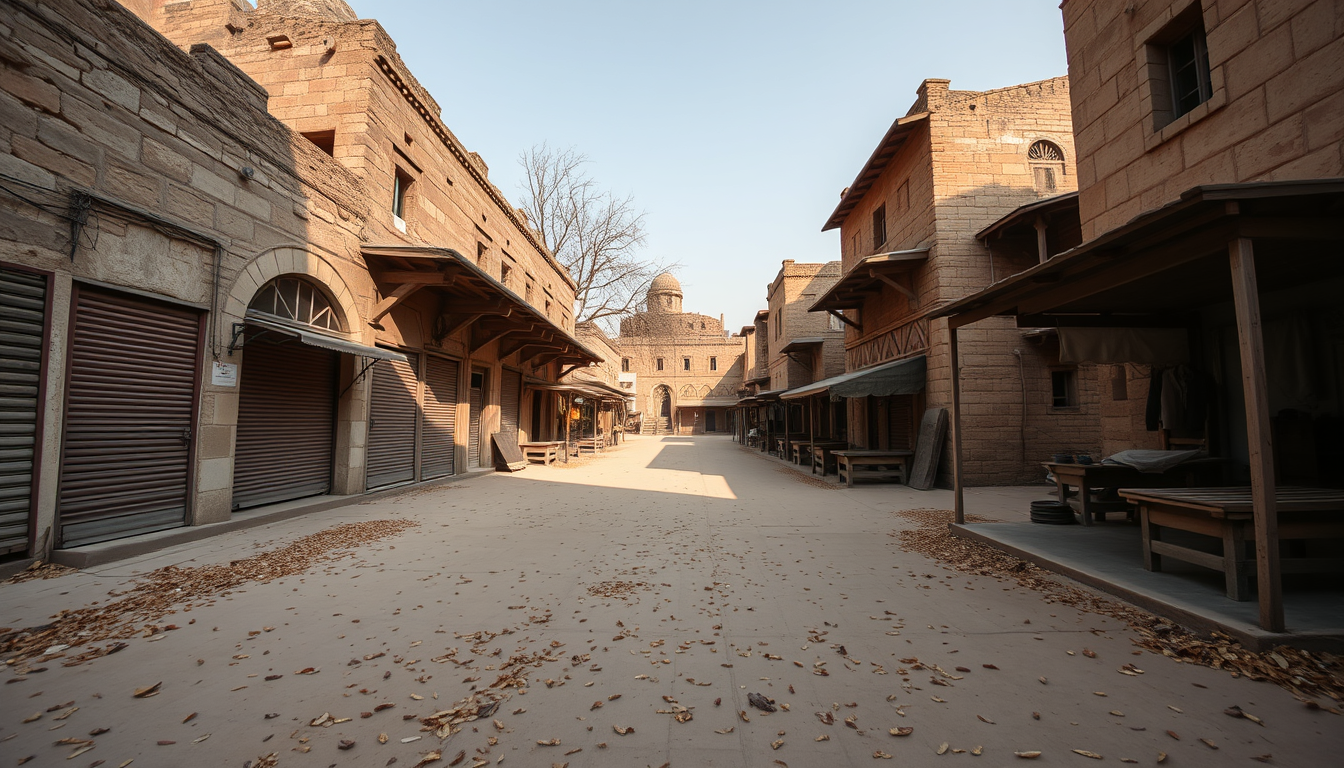 Main art studio: An empty abandoned marketplace in ancient Bhangarh, closed stone shops, deserted street, broken wooden stalls, dry leaves scattered on the ground, wea