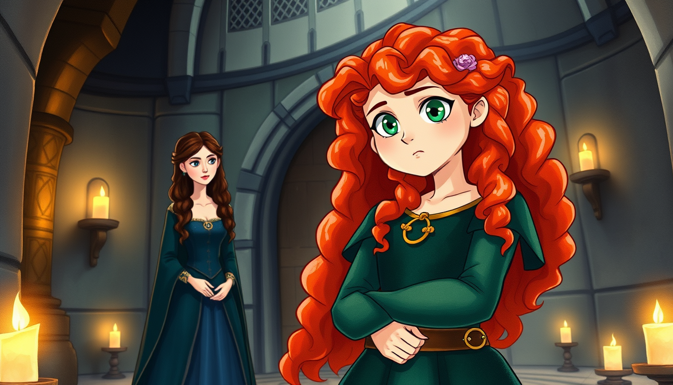 Main art studio: Inside the grand medieval castle of DunBroch, Merida stands bravely in front of her mother, Queen Elinor. Merida has very long wild curly bright red h