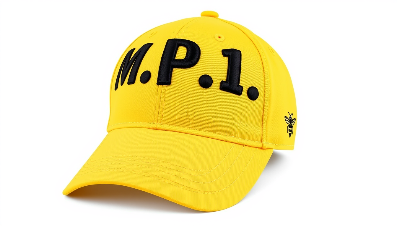 Main art studio: Realistic product mock-up of a bright yellow baseball cap, shown from a three-quarter front-side angle. Make “M.P.1.F.” extremely large and bold acros