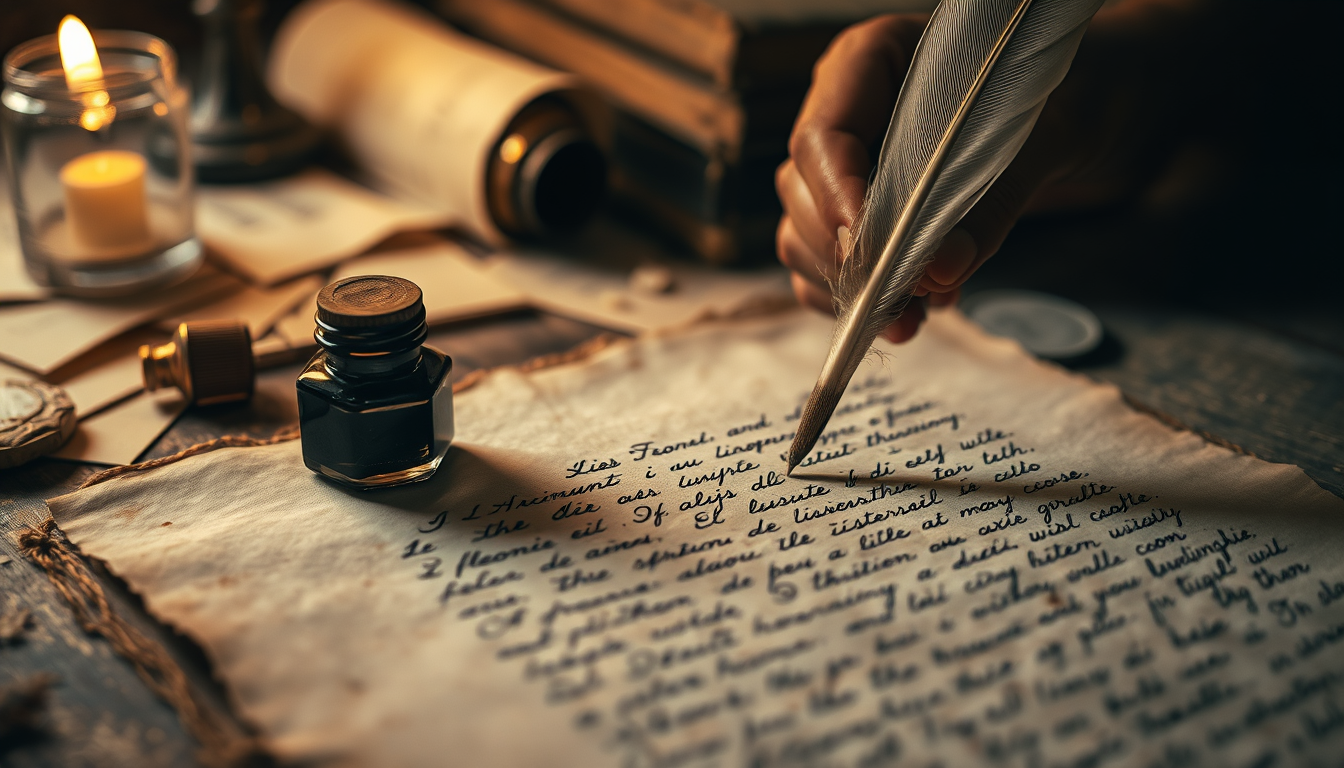 AI Art prompt example created from the prompt: An extreme cinematic close-up of a Renaissance feather quill writing on aged parchment, handwritten Italian text, ink bottle, scattered pape
