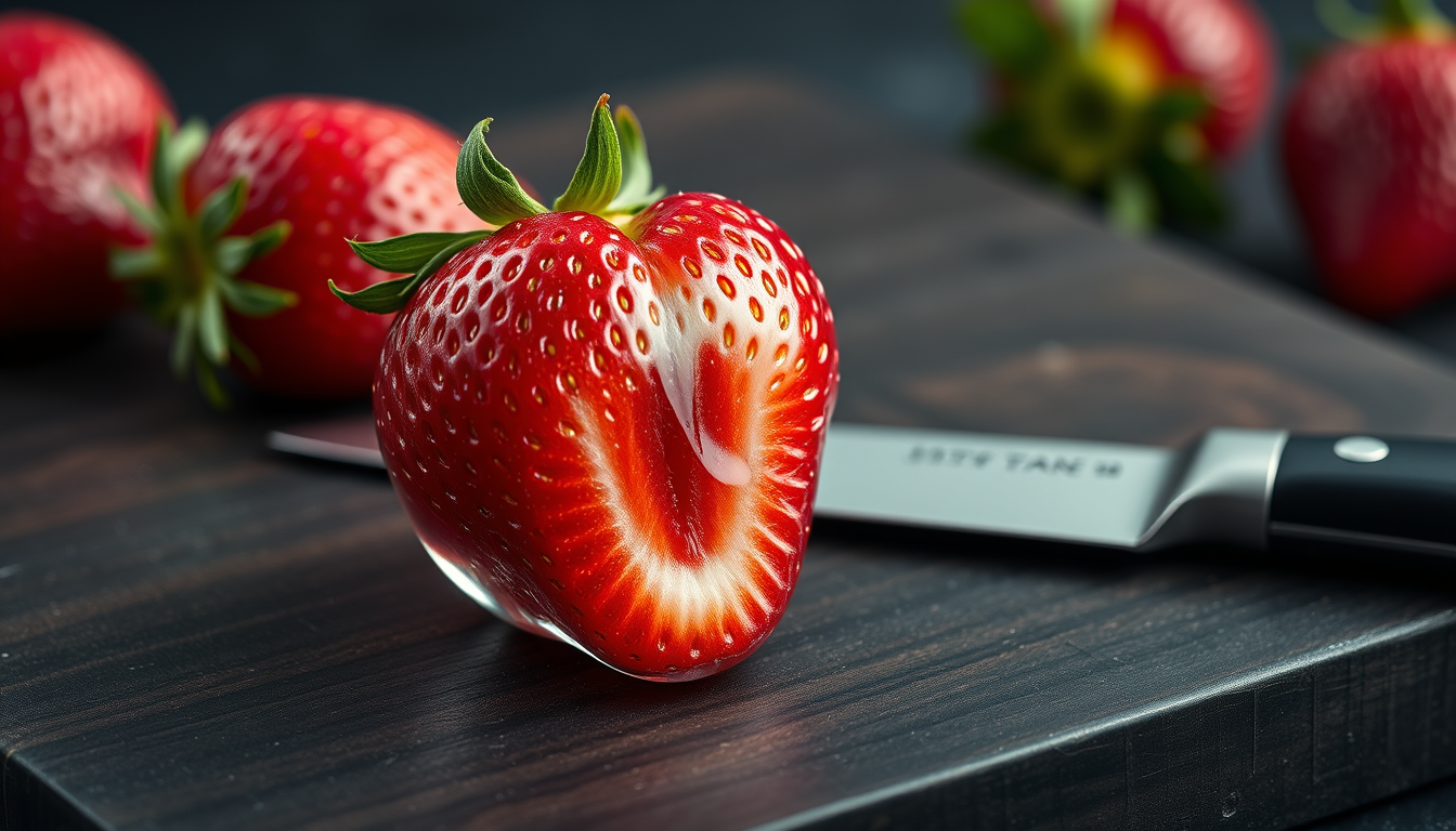 Main art studio: A hyper-realistic transparent glass strawberry sitting on a dark wooden cutting board, filled with realistic red strawberry texture and tiny seeds, a