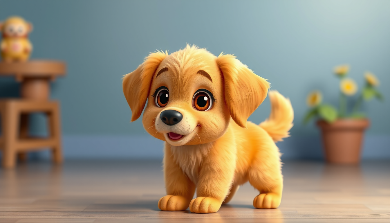 Characters idea: an original character defined by silhouette, role, outfit, palette, and expression, deliberate composition, > Cute fictional puppy named Bobo, a small