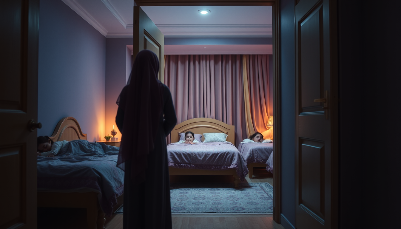 Main art studio: Ultra-realistic cinematic night photograph, wide view from inside a beautiful girls' bedroom. Exactly three separate beds, with exactly one four-year-