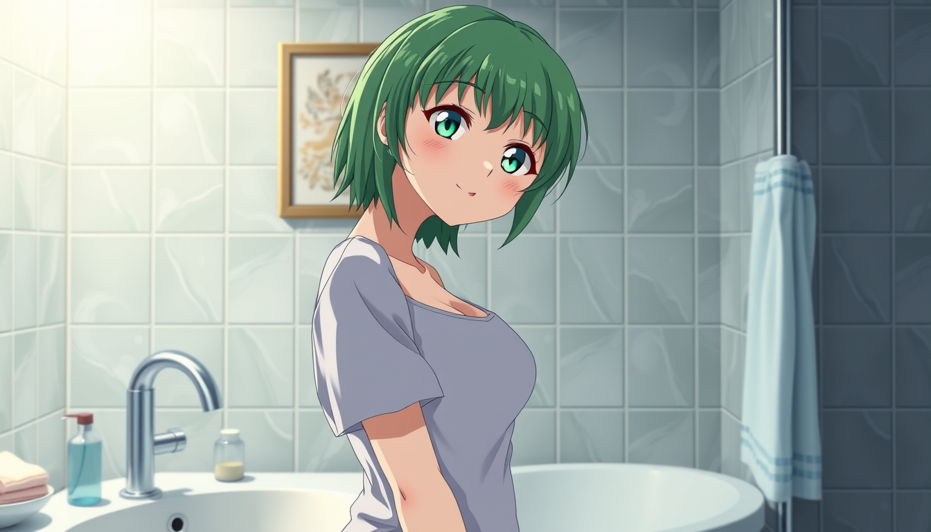 Main art studio: anime 3d, ragazza con capelli verdi che si piega in avanti a baciare la di me in 3/4 di busto, nella stanza da bagno, vista di fronte