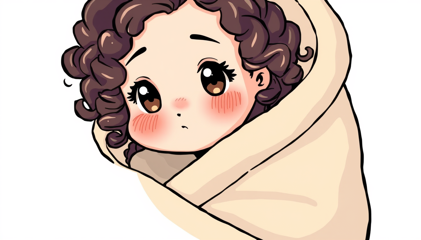 Main art studio: Draw a image of a girl with curly and dark brown hair in the kawaii style. The girl is in a blanket, like a burrito