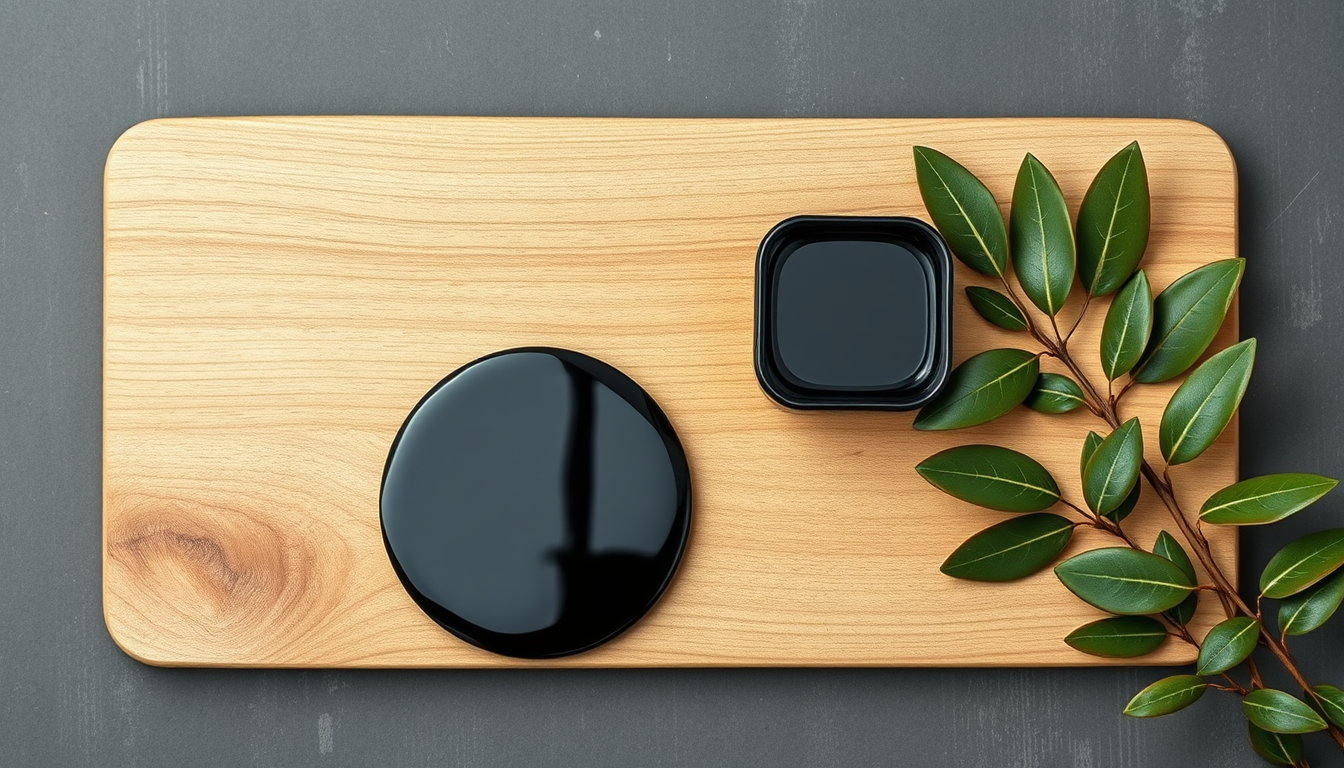 AI Art prompt example created from the prompt: make a material board with black glass, oak natural wood and olive leaf