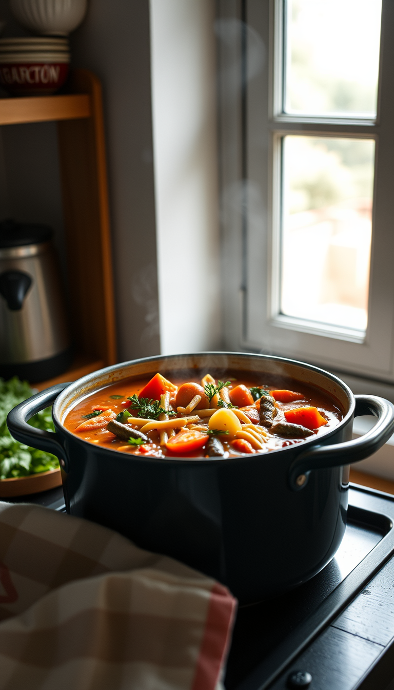 Main art studio: “Video vertical 9:16, plano cercano de una olla de minestrone italiano con verduras, legumbres y pasta corta en una cocina tradicional; cuchara de mad
