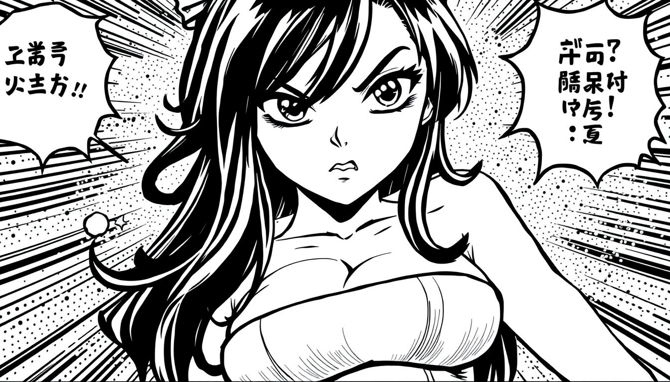 AI Comic idea created from the prompt: comic panel, bold inks, halftone shading, speech-bubble ready composition, manga girl, busty, skimpy, intense gaze, one piece style , dynami