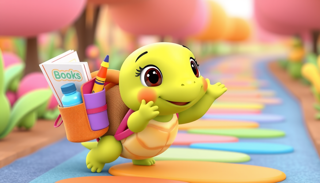 Main art studio: Tina the tiny turtle packing a small colorful backpack with simple learning items such as a book, crayons and a water bottle. After packing, she puts