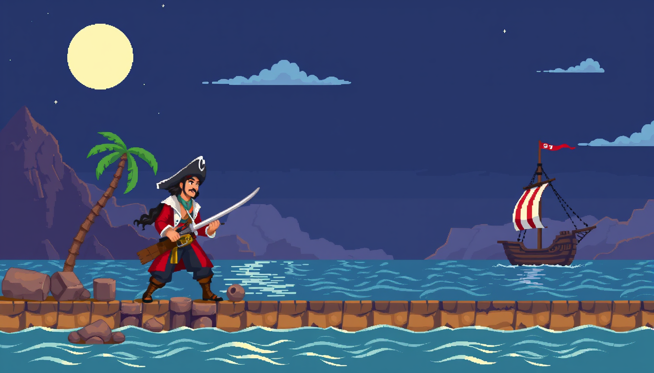 Main art studio: make me an image of a 2d pirate for a simple game 16 bits no backround