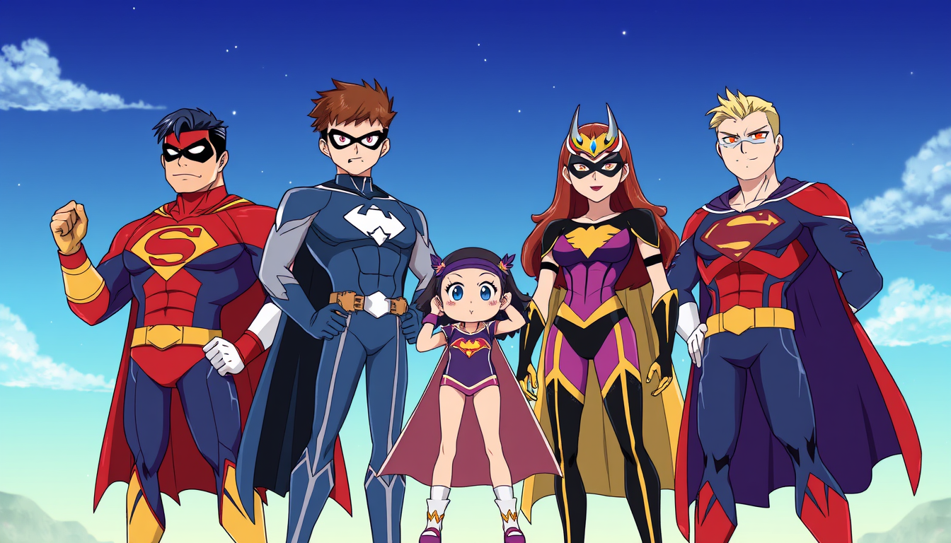 Main art studio: 5 superheroes, 2 boys and 3 girls. Style: anime style,cartoon image