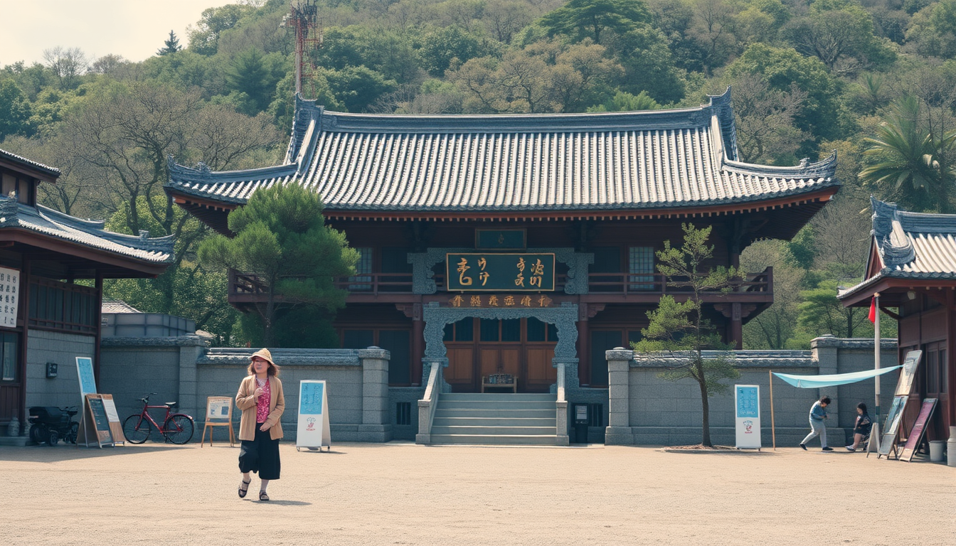 Main art studio: 昭和時代の日本の田舎を思わせる、少し古びた雰囲気の風景。 視点は「子供の男の子が乗っている自転車から見た一人称視点(POV)」。 前方には、60歳くらいの男性が古い日本製の自転車に乗っている。男性はカーキ色の上下の軍服を着て、軍帽をかぶり、軍用ブーツを履いている。男性の顔は見えない、または帽子や体の