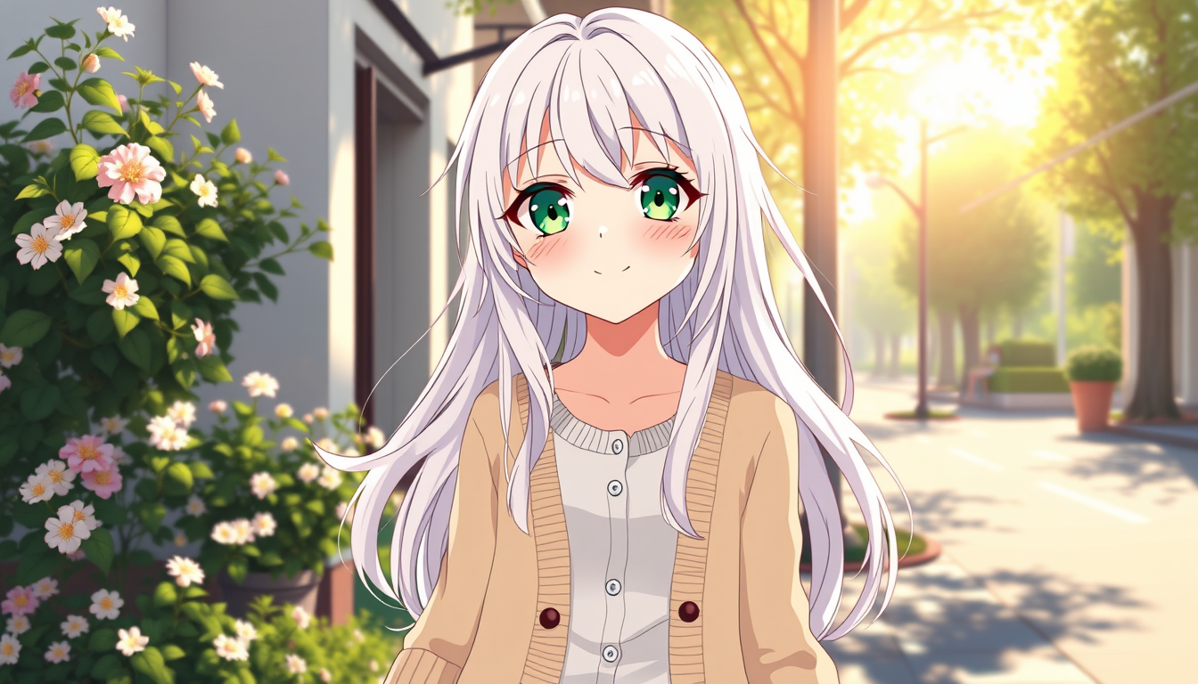 Main art studio: Cute anime-style INFJ girl with long white hair and bright emerald green eyes, happily stepping outside on a beautiful early morning. Gentle elegant f