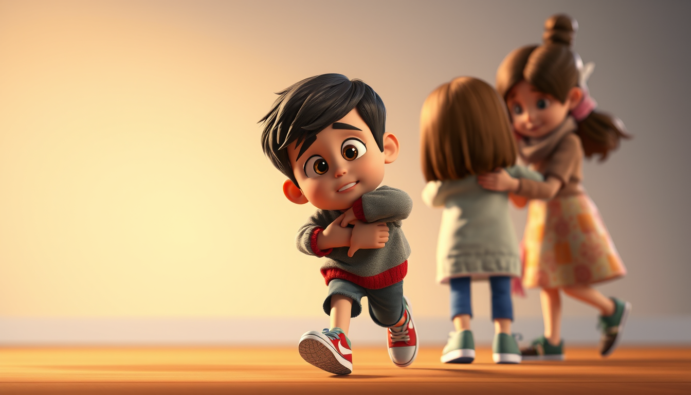 Main art studio: Traducción al español: Escena animada en 3D, plano entero de un tierno niño de 6 años con cabello negro corto, llorando con lágrimas en el rostro, vis