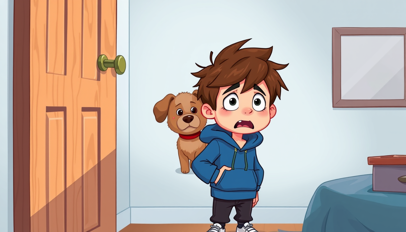 Main art studio: A teenage cartoon boy with messy brown hair, blue hoodie, dark pants and white shoes, standing INSIDE A BEDROOM. A small fluffy brown dog with floppy