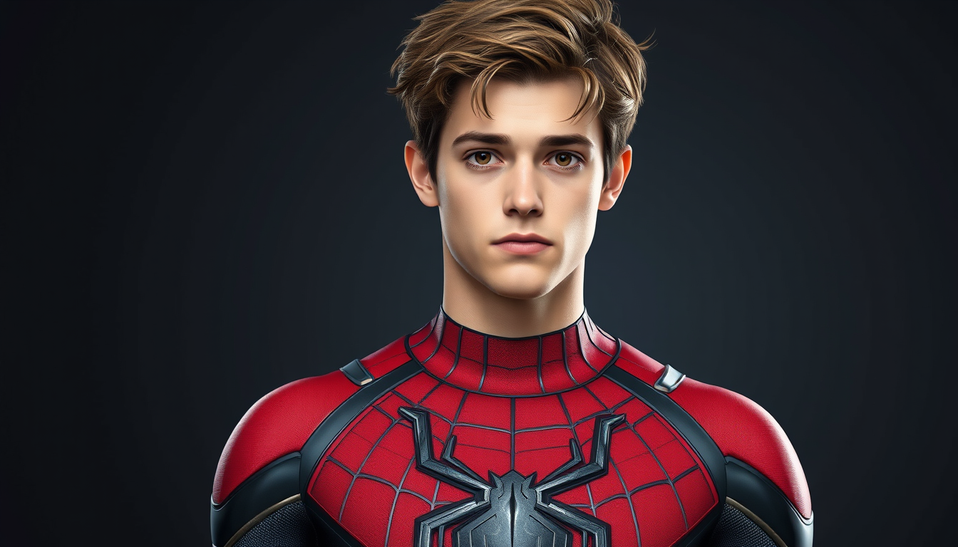Main art studio: Photorealistic live-action superhero film character reference. Teenage Peter Parker, slim athletic build, youthful face, tousled medium-brown hair, ex