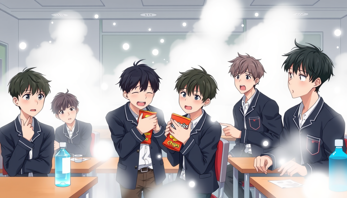 Anime idea created from the prompt: anime style, vibrant colors, expressive eyes, Cinematic 2D anime illustration, 16:9 landscape. Same Korean high school classroom after the h