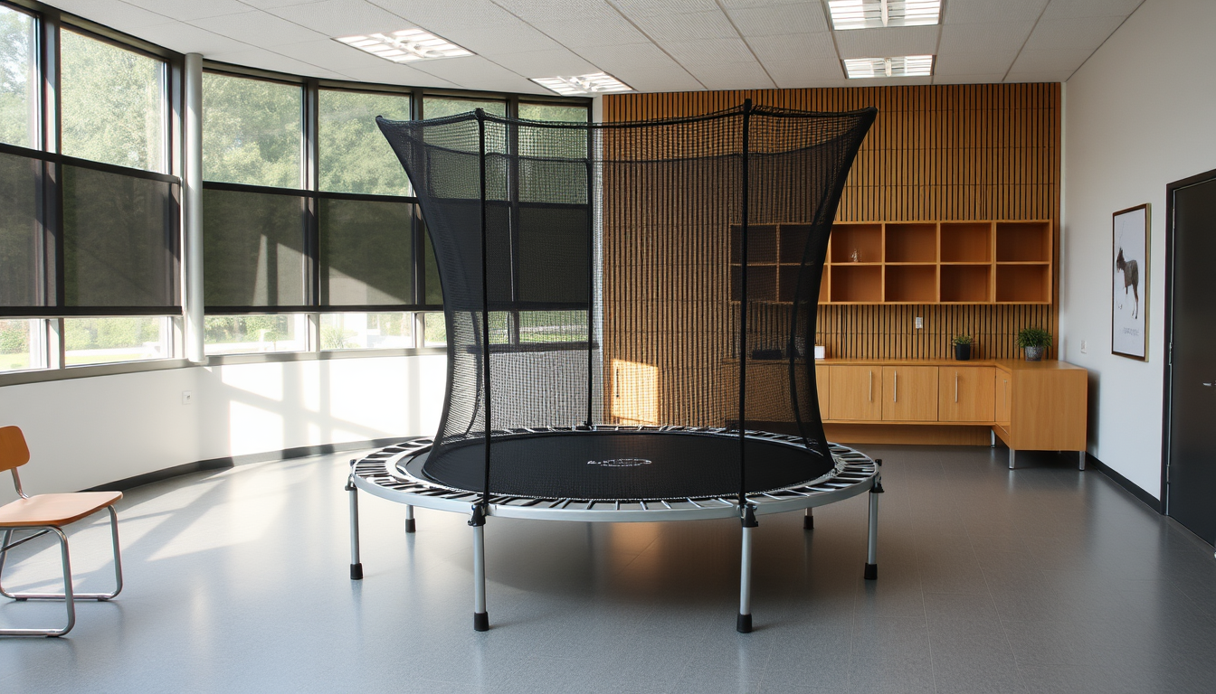 Main art studio: mache ein bild wo ein trampolin in einem klassenzimmer ist