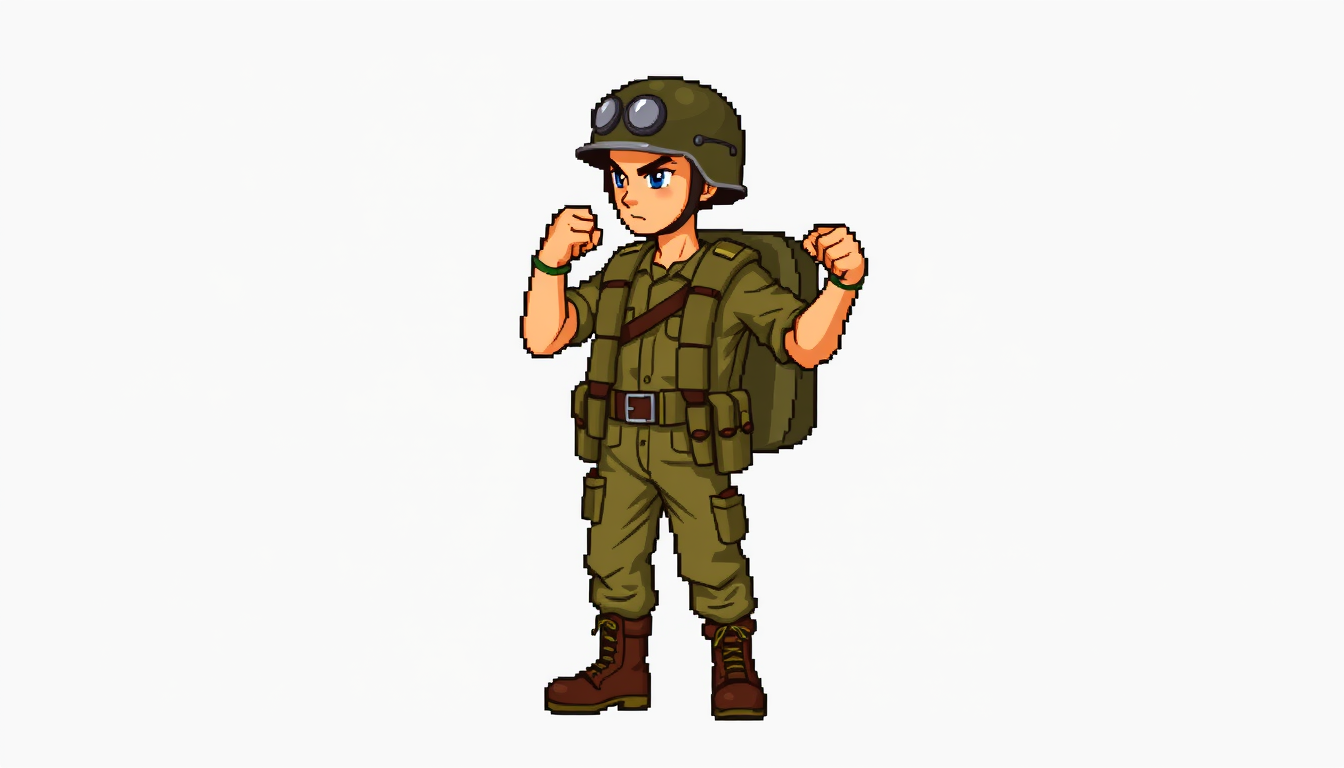 Sprites idea: a single readable game sprite with a controlled silhouette, palette, scale, and viewing angle, deliberate composition, 16-bit SNES pixel-art WWII para