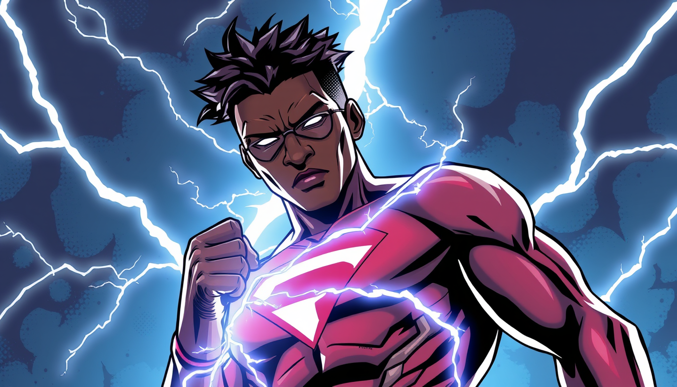 Main art studio: can you please make me a comic african superhero who gets strike by lighting and absorbes lighting powers to fight evil people who try to destroy the
