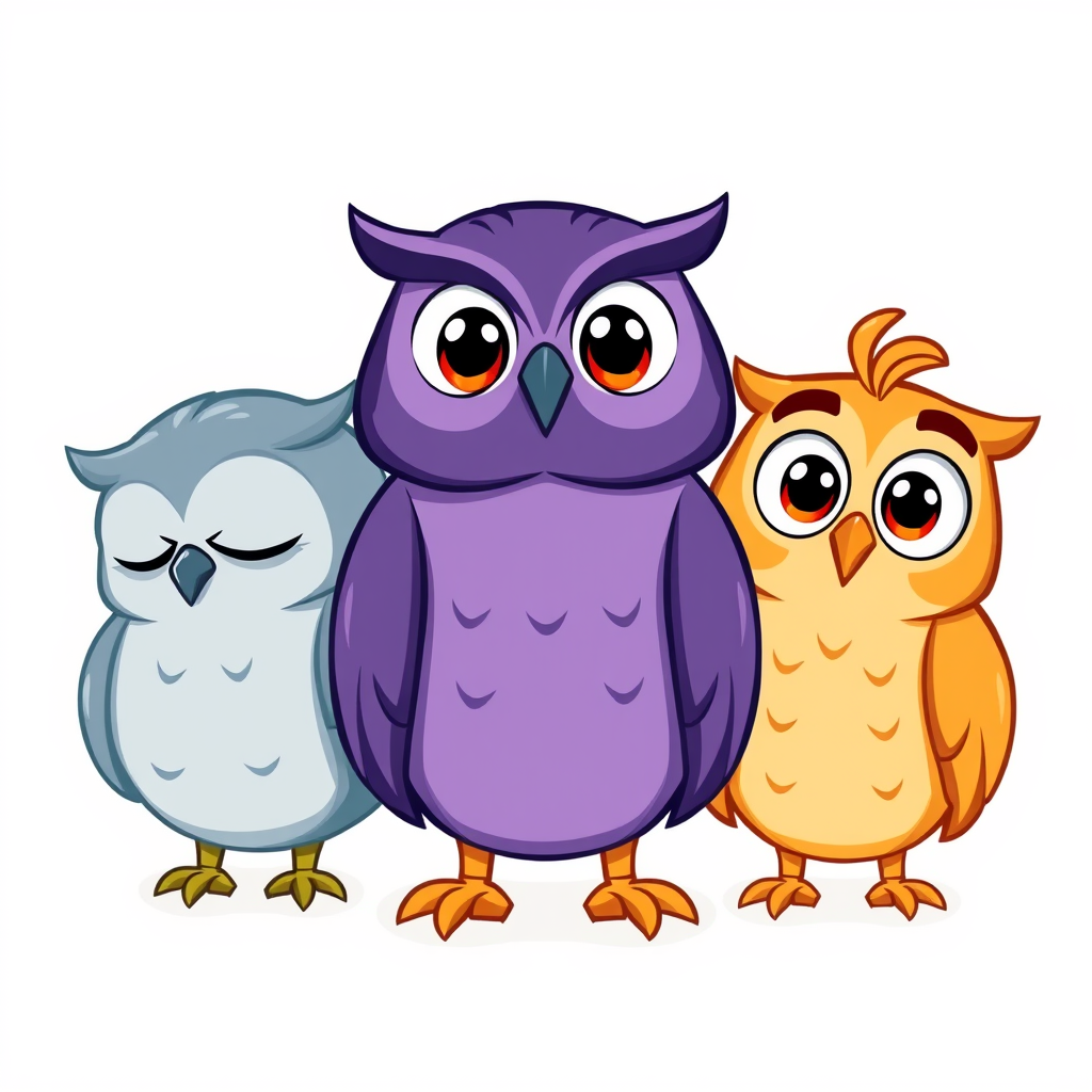 Main art studio: Three cute cartoon owls, one head per owl, with identical beak shape and size. All eyes fully open, lively and clearly visible. Left blue-gray: closed