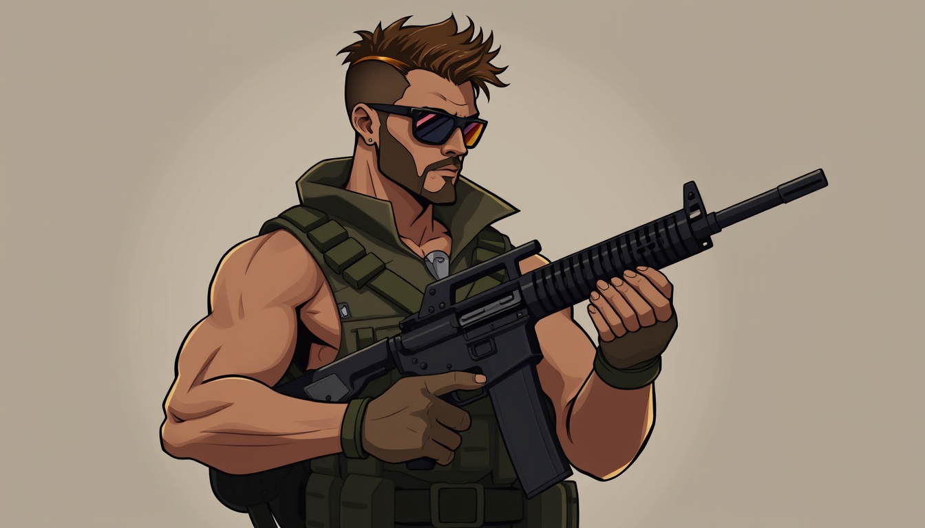 Characters idea: an original character defined by silhouette, role, outfit, palette, and expression, deliberate composition, a fit muscular soldier with a machine gun