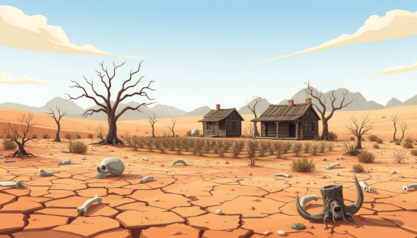 Main art studio: Wide 16:9 2D cartoon desert landscape for a school presentation. In the CENTER: cracked dry soil, scattered animal bones, dead leafless trees, withere