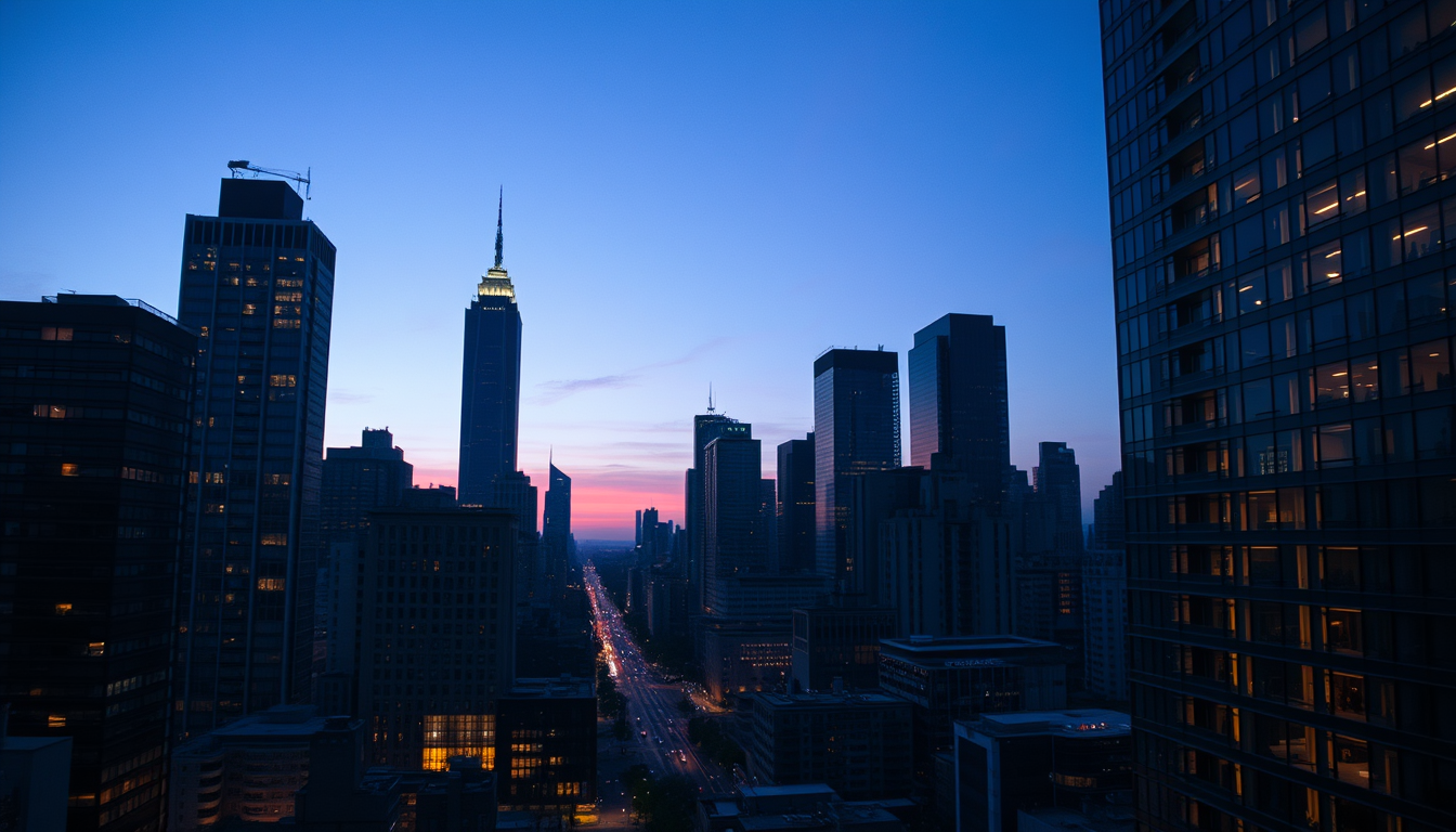 AI Art prompt example created from the prompt: A vast modern city skyline at dusk, viewed from a distant elevated perspective. Tall buildings with glowing windows dominate the scene. Tiny
