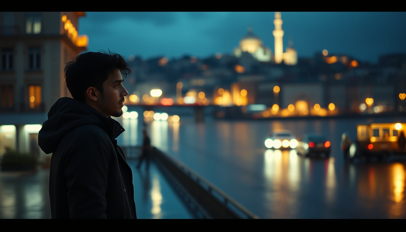 Main art studio: Create a cinematic YouTube thumbnail for a Turkish emotional love song. A lonely young man standing at night in Istanbul, looking emotional and heartb