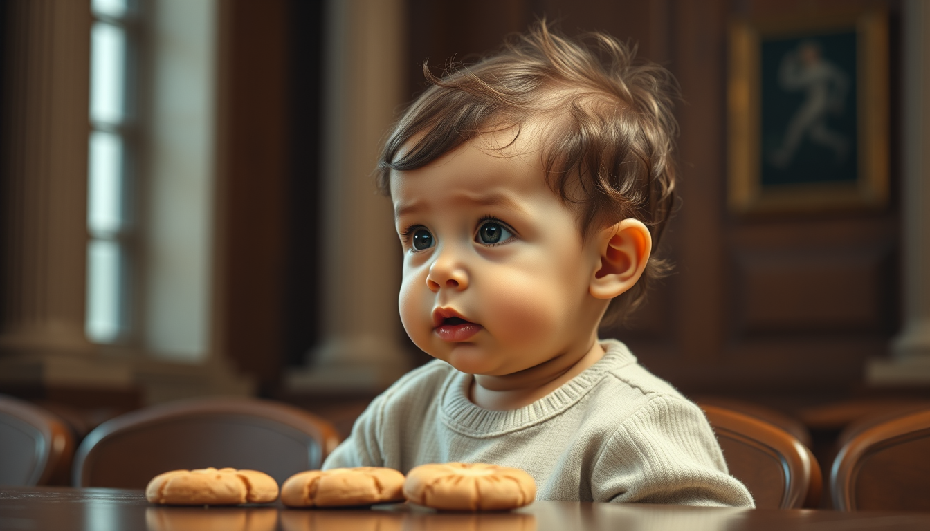 Main art studio: a baby in a court because hes guitly of stealing cookies