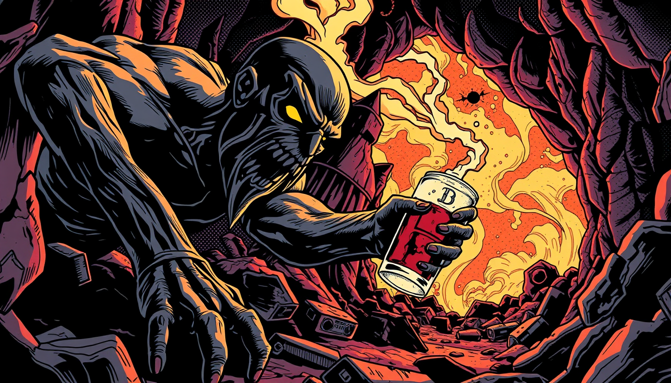 Comic Book idea: comic book style, bold lines, halftone dots, Alcoholic crawling through hell to reach another drink , Marvel/DC style illustration, dramatic compositi