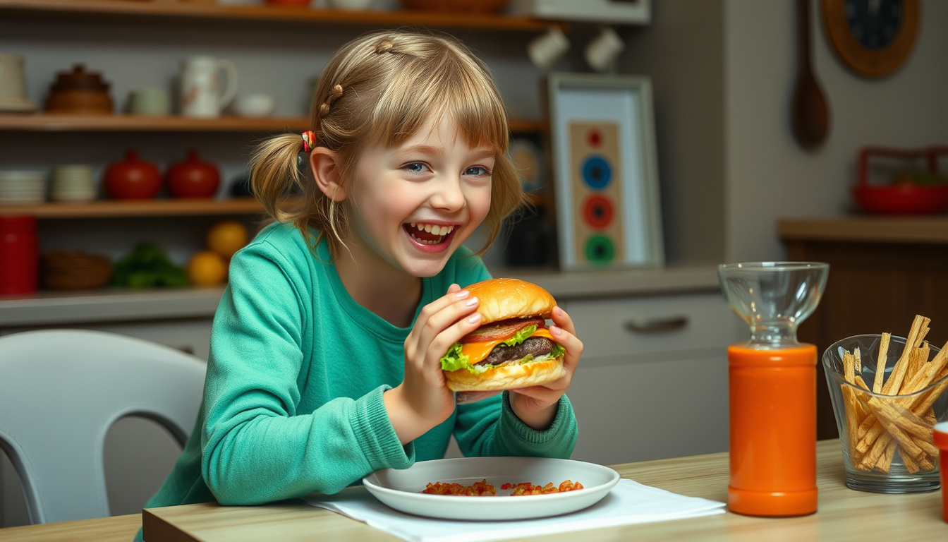Main art studio: Som brawn girl eeting hamburger