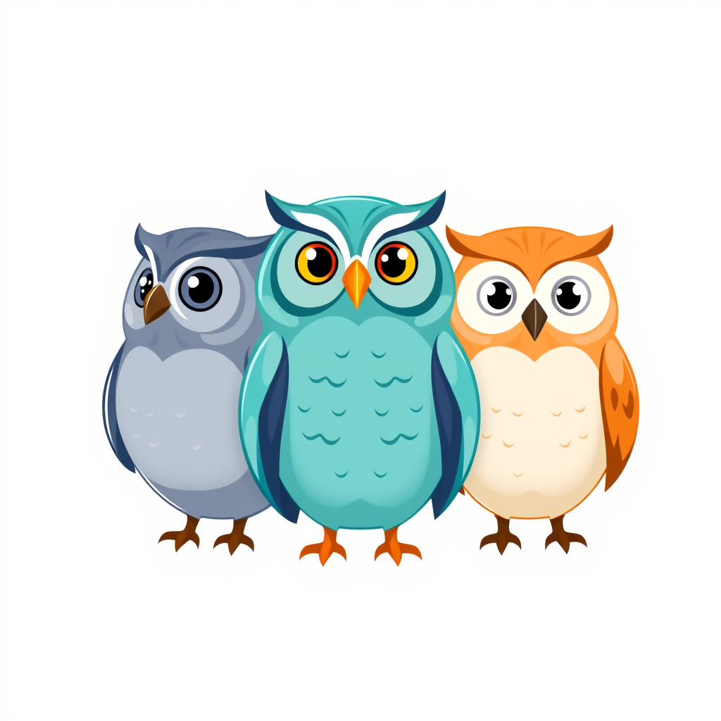 Main art studio: Professional mascot logo for a modern university study app. Exactly three charming gender-neutral owl characters in a row. Left owl is blue-gray, faci