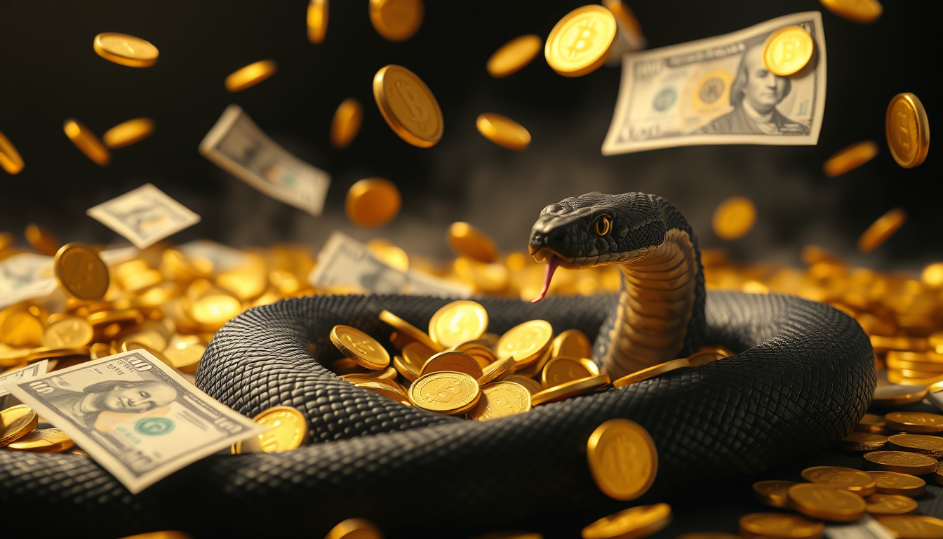 Main art studio: A surreal symbolic scene of golden coins and banknotes floating around a dreamlike black snake, designed to represent misleading superstition about dr