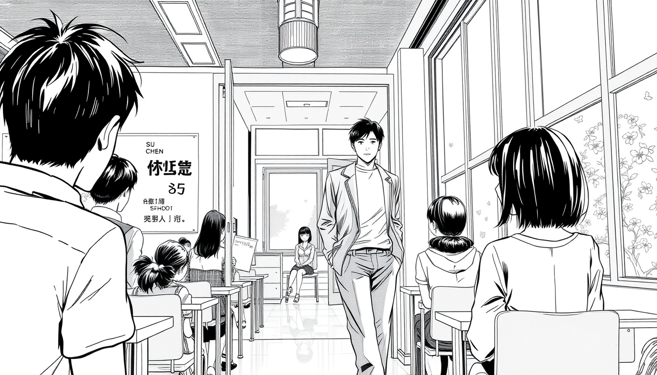 Manga idea: manga panel, black-and-white ink, screentone shading, expressive line weight, Su Chen enters a modern high-school classroom after being rejected by Ta
