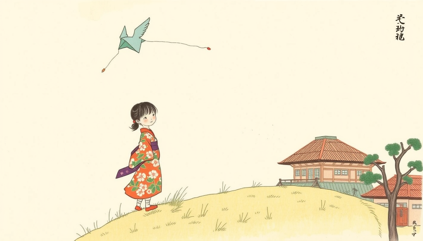 Main art studio: Little Japanese girl in a long flowered kimono is standing on the top of a hill above her home, and the light blue kite she is flying is now a bird an