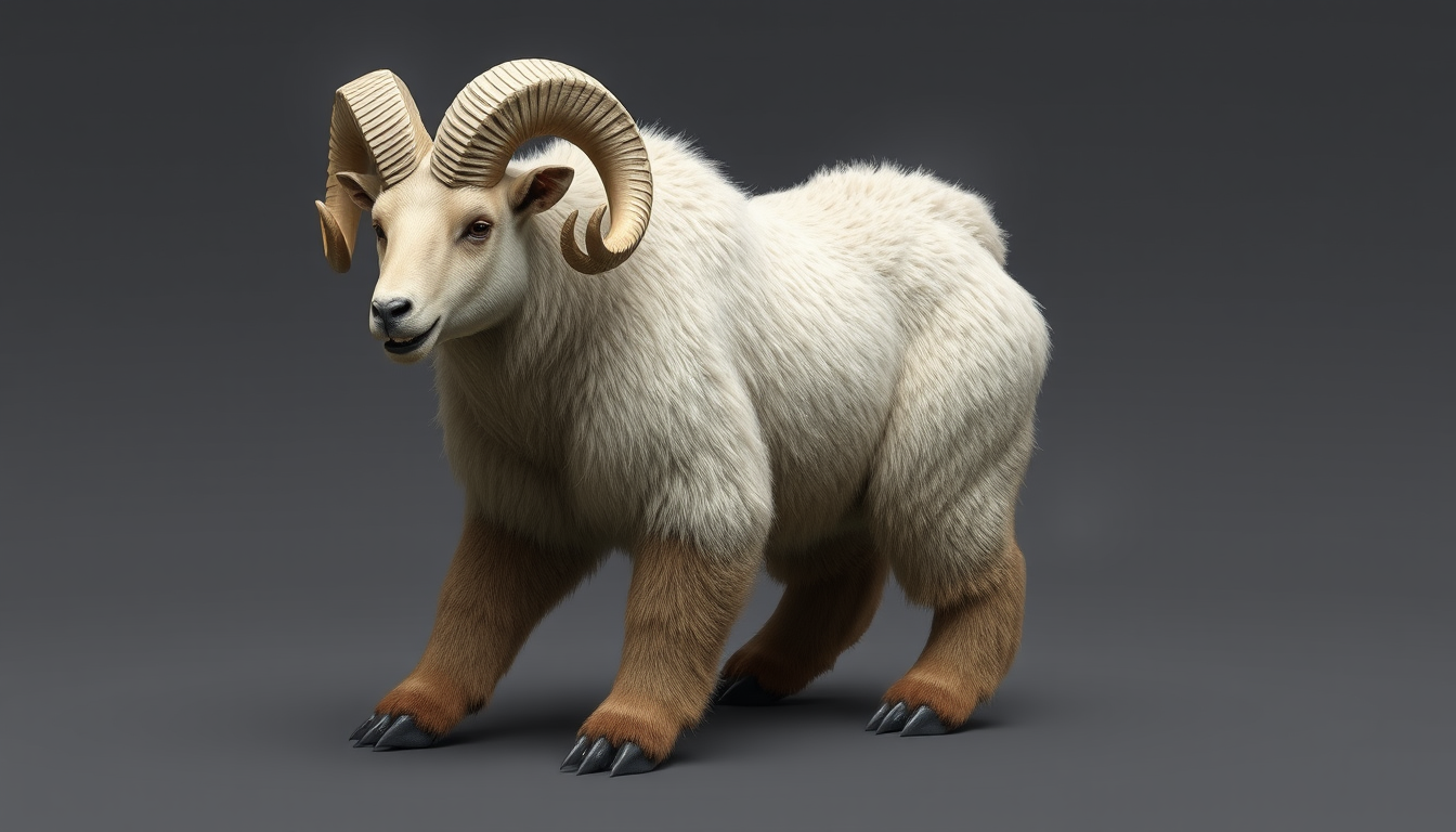 Main art studio: A creature the size of a larger bear, head shape of a bear aside from eyes, ears, and teeth which will be mountain sheep, big rigged curled ram horns,