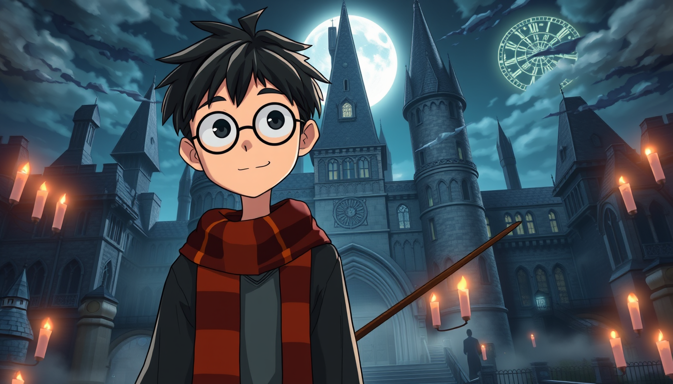 Main art studio: High quality 2D Japanese anime illustration of Harry Potter, recognizable round glasses, messy black hair, lightning scar on forehead, wearing his ori