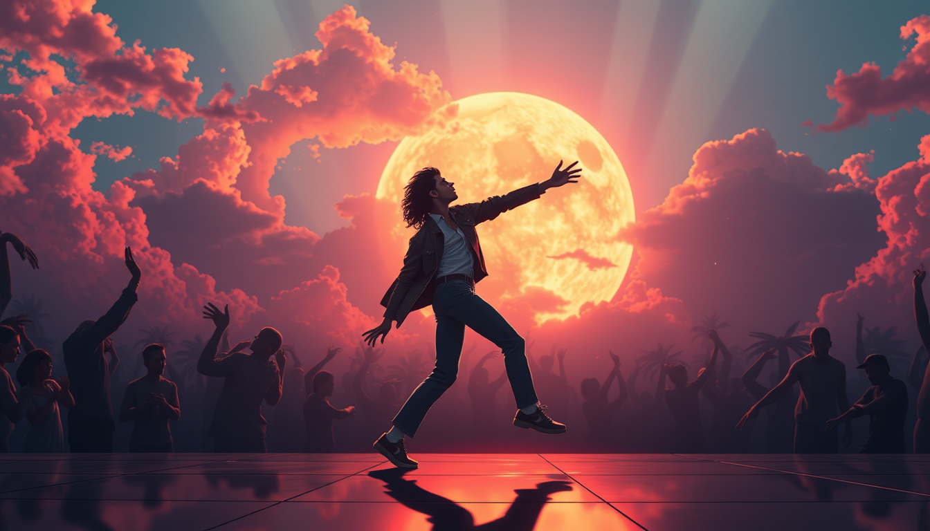 Main art studio: crie para mim uma imagem do Michel jackson como anime na encima da lua dançando