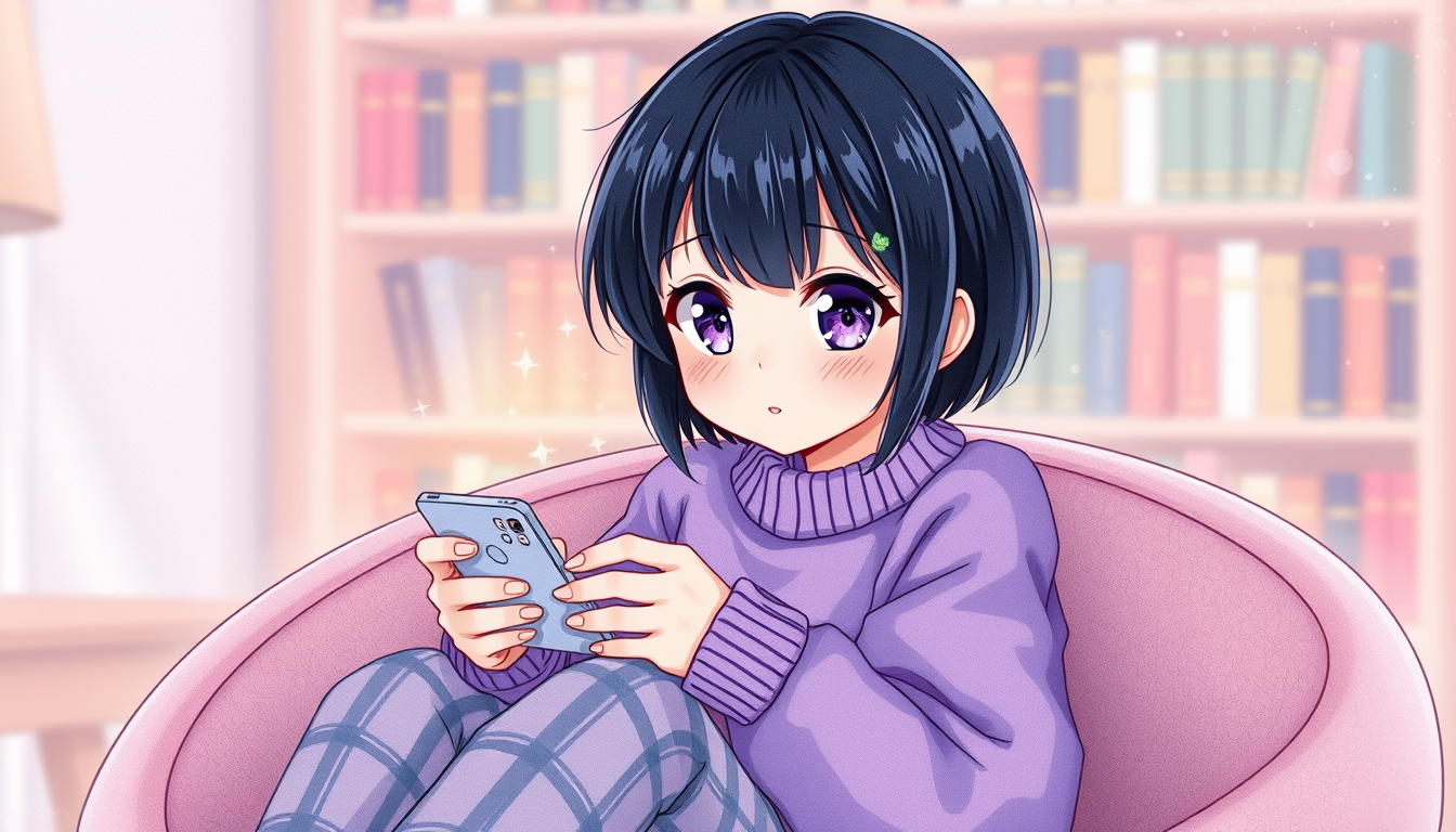 Main art studio: shoujo manga illustration, soft watercolor and colored pencil style, a cute adult anime girl with short black hair, large luminous purple eyes with sp