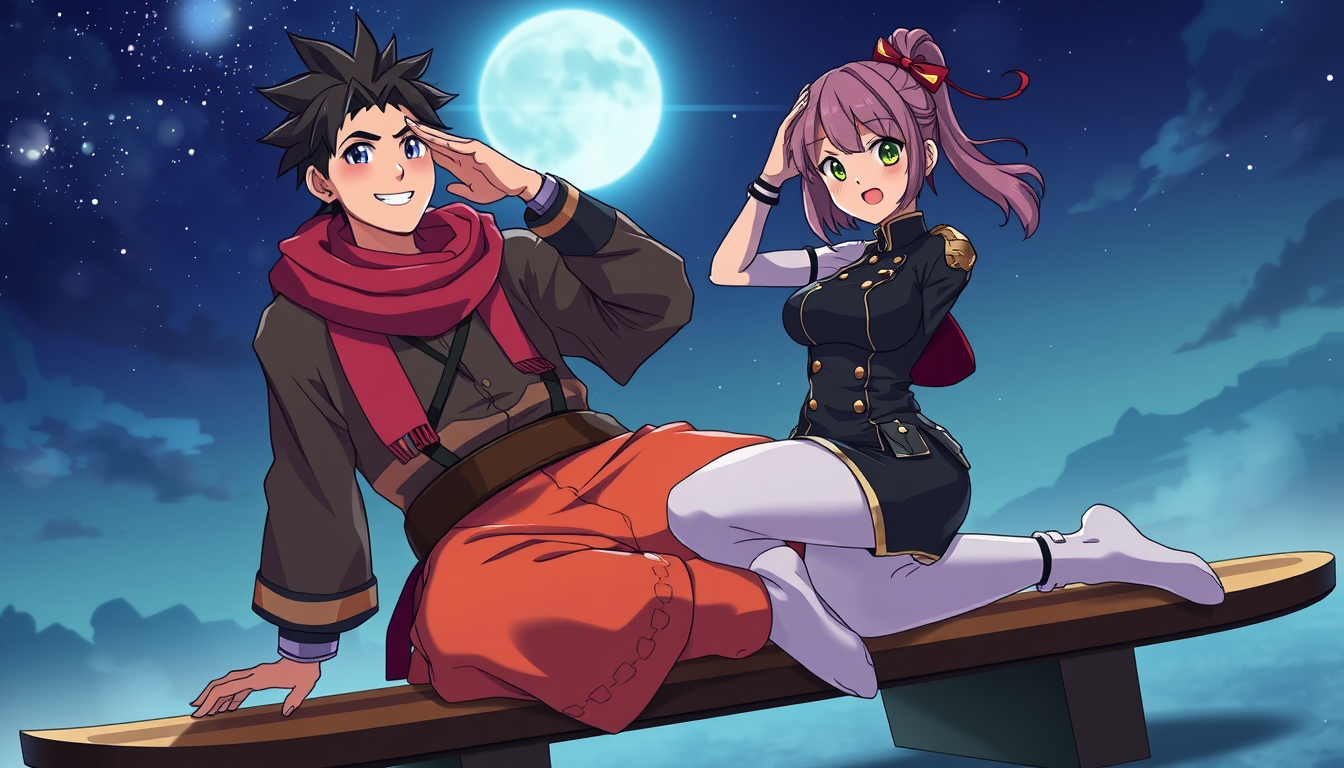 Anime idea: anime style, vibrant colors, expressive eyes, un fakir souriant allongé torse nu sur le dos sur une planche à clous avec son assistanteen tenue des mi