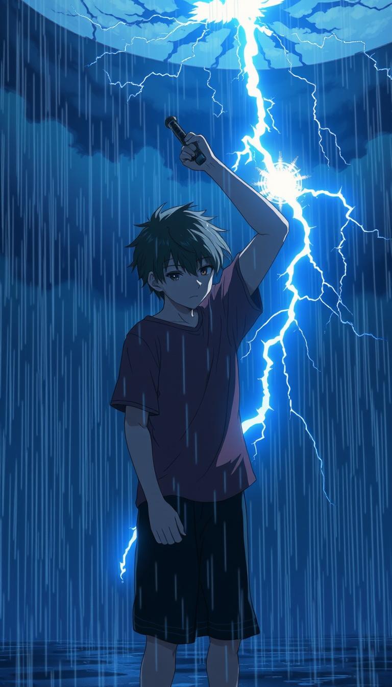 Main art studio: "A lonely teenage anime boy stands in heavy rain at night, head lowered, memories of his family flashing around him like glowing fragments. Suddenly, 
