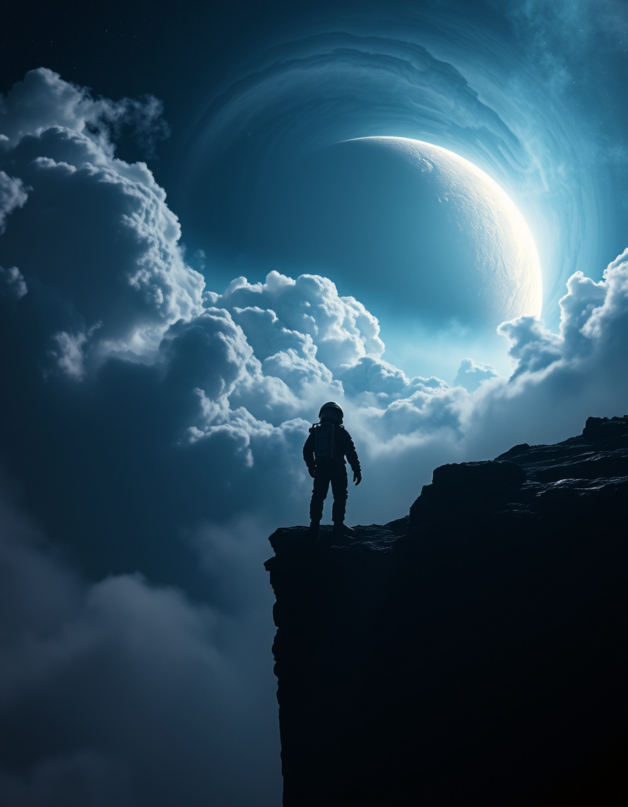 Main art studio: Cinematic deep‑space astronaut standing on an alien cliff, silhouetted against swirling nebula clouds and a massive glowing planet. Mist rolls across